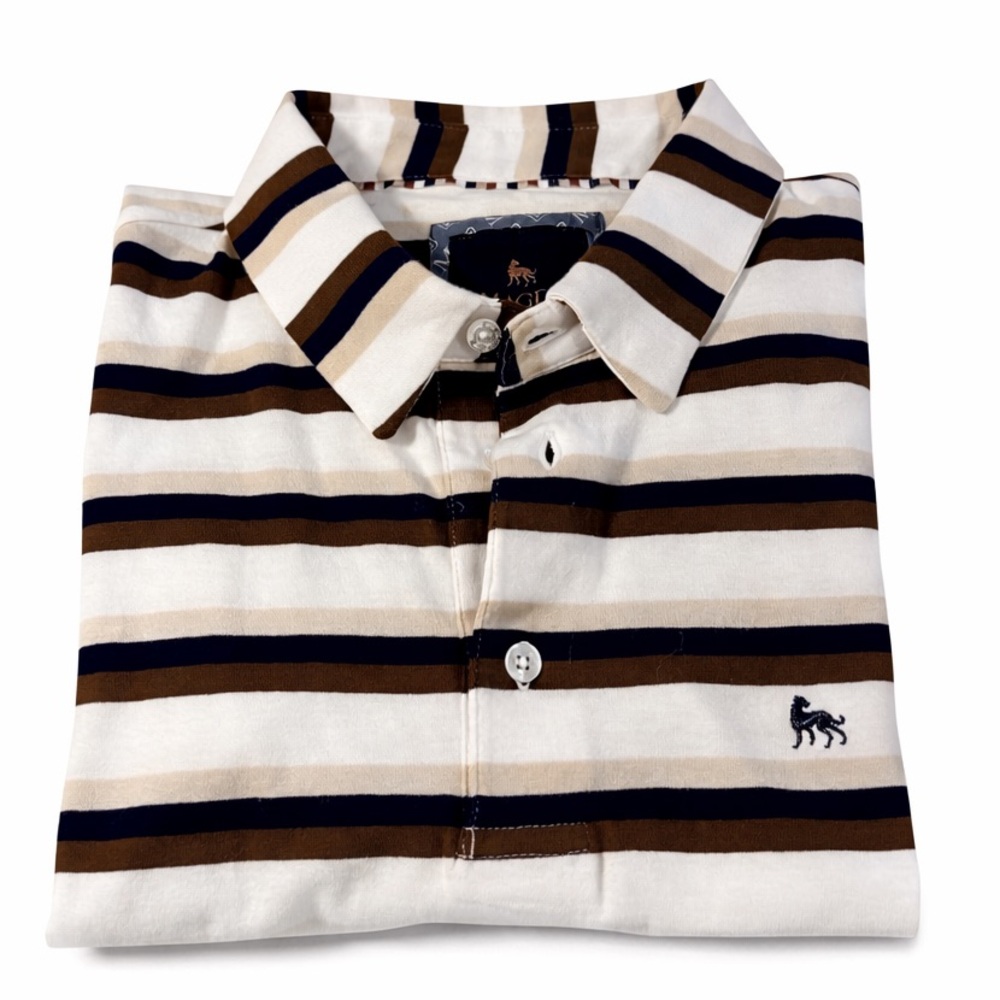 Magee Ireland Striped Polo Shirt Large Brown Navy White 100% Cotton Short Sleeve